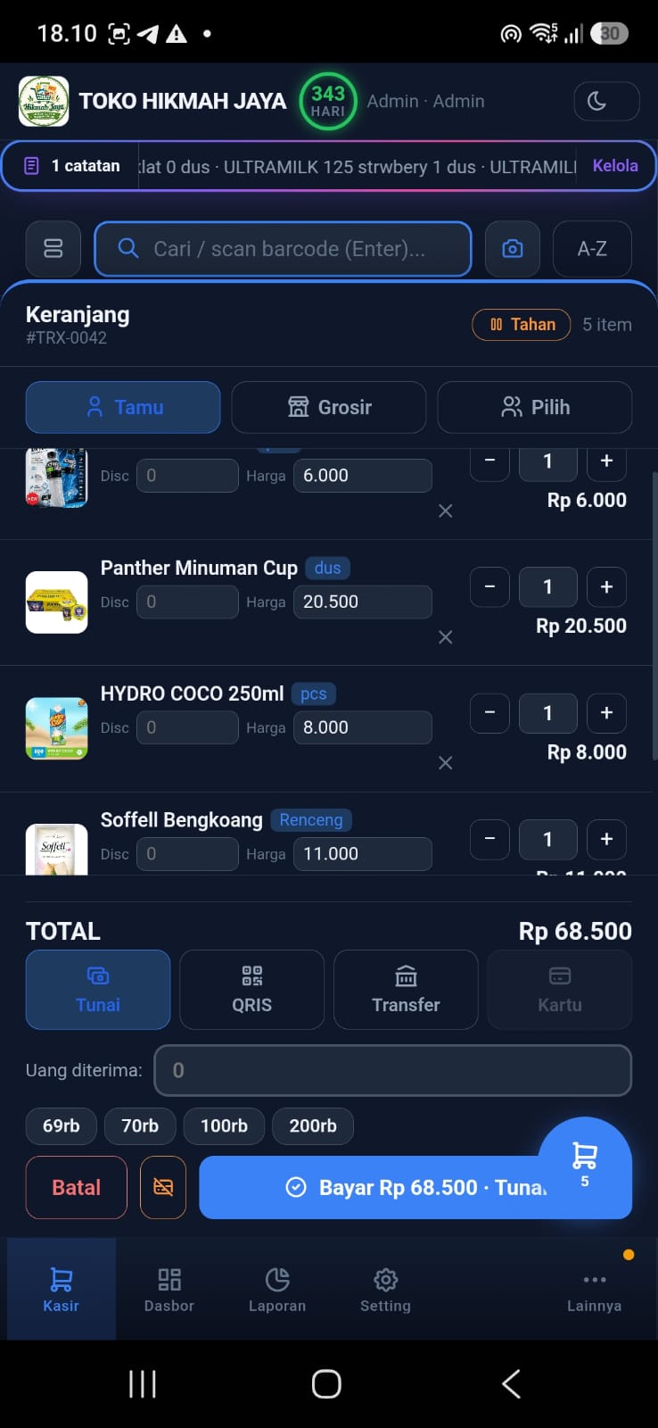 Layar keranjang & pembayaran SADEWA POS